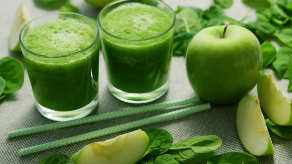 Green Smoothie in Glasses and Ingredients