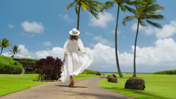 Happy Free Woman Walking By Luxury Resort Property Perfect Summer Vacation Day