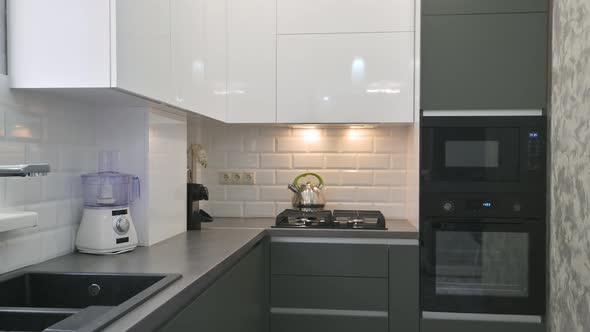 Closeup to Modern Classic White and Grey Kitchen Interior