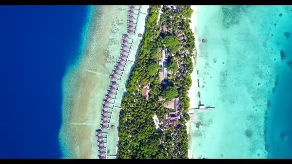 Aerial flying over nature of relaxing island beach break by blue water and bright sand background of