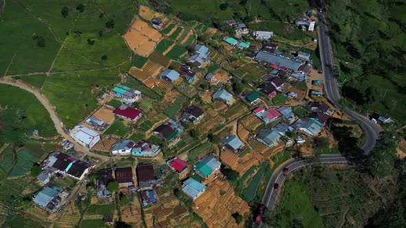 Aerial view of houses in countryside near Nuwara Eliya, Sri Lanka