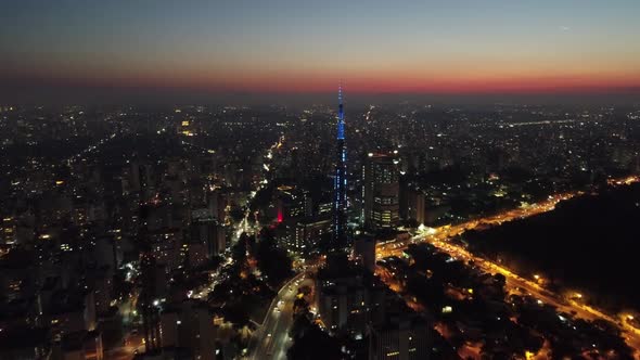 Sunset downtown Sao Paulo Brazil. Downtown district at sunset scenery.