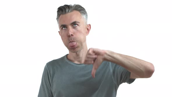 Funny Middleaged Guy with Grey Hair and Bristle Complaining Over Something Bad or Boring Showing