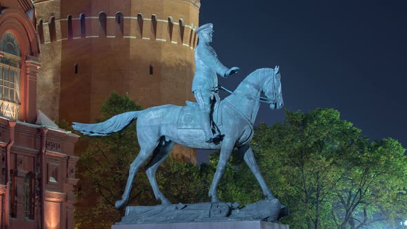 The Monument To Marshal Zhukov Near the Historical Museum at Night Timelapse Hyperlapse. Moscow