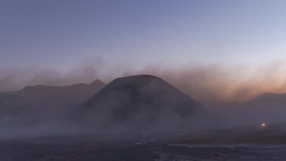 Time lapse of aerial view of Mount Bromo at sunrise. An active volcano in est Java, Indonesia.