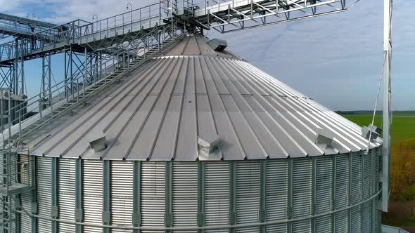 Modern plant for agribusiness. Large grain terminals on nature background. Silver grain elevators. 