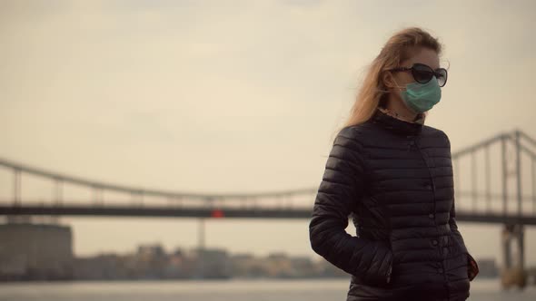 Woman In Face Mask.Protective Mask Covid19 Coronavirus.Girl Walking In Protective Mask COVID19 Virus