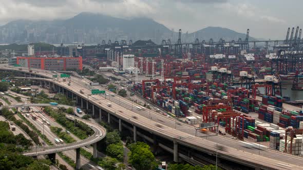 Timelapse Wide Overpass Hong Kong Highway By Modern Harbour