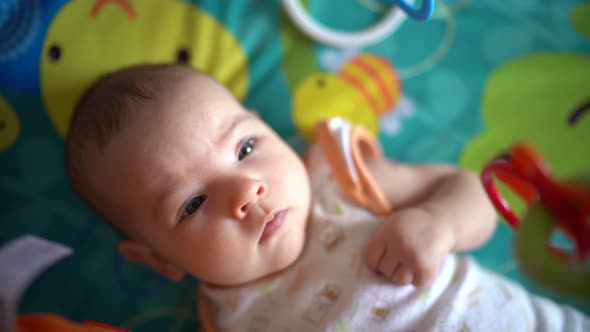 Newborn Lies on a Play Mat and Looks at the Hanging Toys