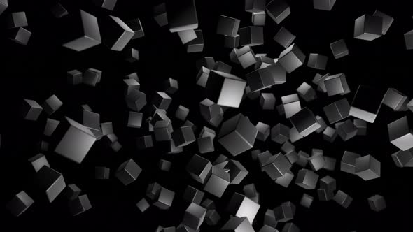 3d Abstract Dark Geometric Background with Gray Cubes Flash with Multicolor Neon Light in  Randomly