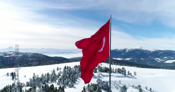 Turkish Flag And Snowy Mountains Aerial View 