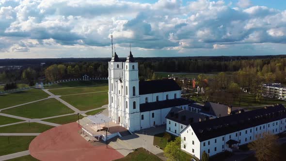 Majestic Aglona Cathedral in Latvia. White Chatolic Church Basilica. Aerial Dron 4K Shot