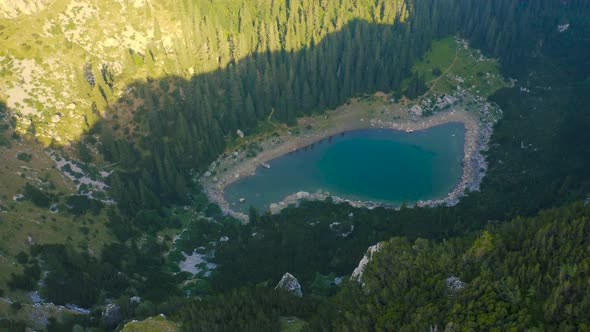 Birds Eye View of Scenic Emerald Lake Surrounded By Pine Forests