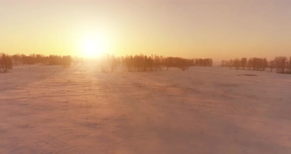 Aerial Drone View of Cold Winter Landscape with Arctic Field, Trees Covered with Frost Snow and