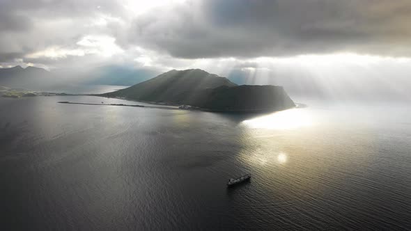 Aerial view of boats sailing Summer Bay, Unalaska, Alaska, United States..