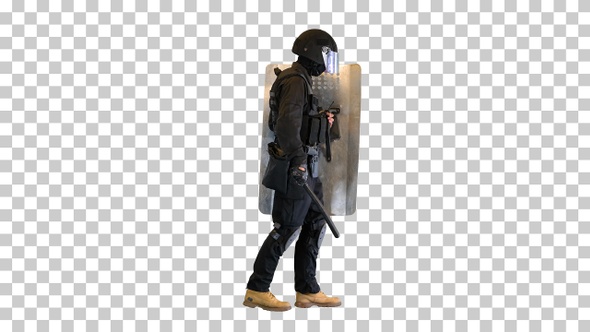 Heavily armored policeman with a shield, Alpha Channel