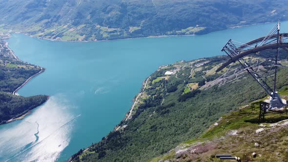 Fantastic view from mount Hoven Loen Nordfjord - Looking at Loen Skylift mast on mountain top before