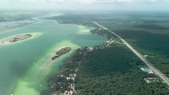 The several colorss of the amazing Bacalar Lagoon seen from the sky