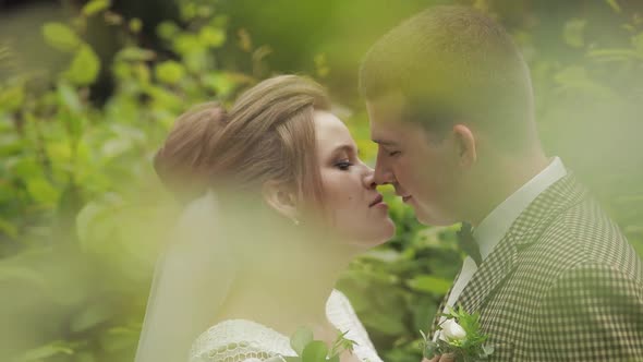 Newlyweds. Caucasian Groom with Bride Making a Kiss in Park. Wedding Couple. Man and Woman in Love