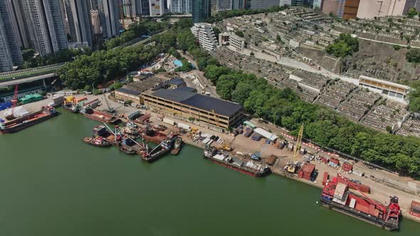 Aerial view of abattoir and Chinese Permanent Cemetery, Tsuen Wan, Hong Kong