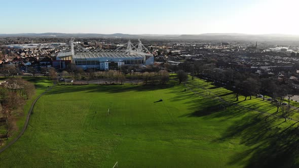 Aerial view approaching Deepdale stadium flying over Moor Park in Preston