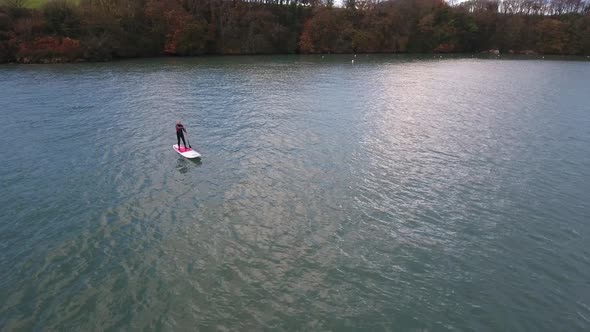 Man doing sport, paddle board, at seaside, aerial view