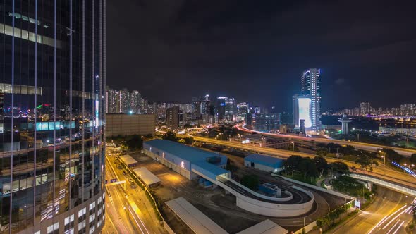 Top View of Busy Traffic Night in Finance Urban Timelapse Hyperlapse with Panorama of City Buildings