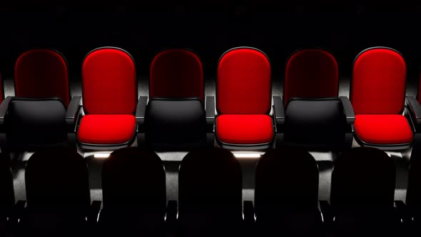 Rows of chairs in a cinema hall. Social distance. Movie theatre during COVID-19