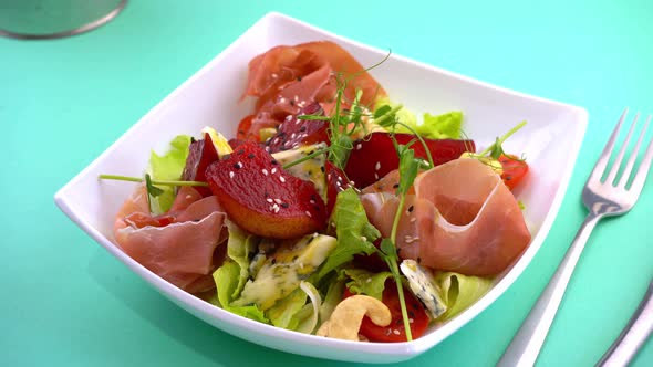 Pear Salad Poached Pear Dor Blue Cheese and Prosciutto