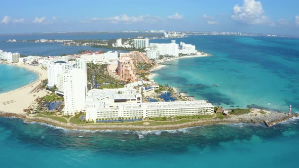 Aerial View of Cancun Mexico Showing Luxury Resorts and Blue Turquoise Beach