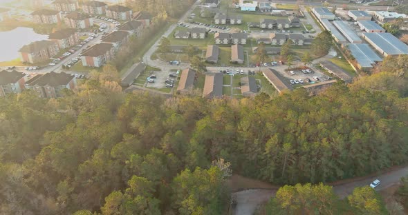 Aerial Top View of Small Town in Denham Springs in Louisiana Good Weather Autumn Day