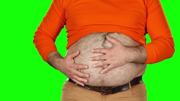 Big Hairy Belly of a Man, Close Up Shot, Green Screen. Slow Motion