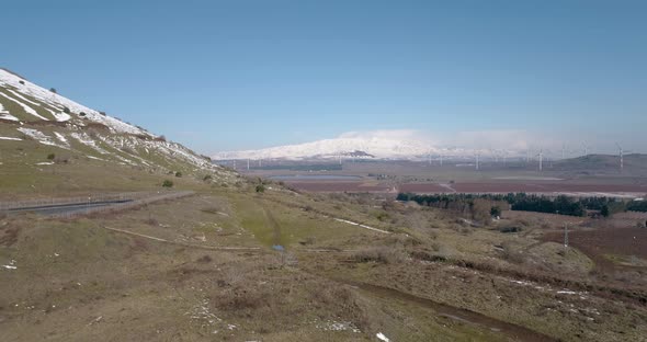 Aerial view of a landscape valley with mountains, Golan Heights, Israel.