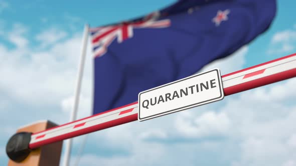 Opening Barrier with QUARANTINE Sign at Flag of New Zealand alt