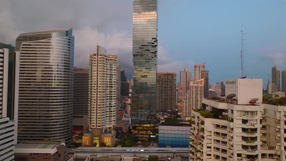 Aerial View of King Power Mahanakhon Tower in Sathorn Silom Central Business District of Bangkok