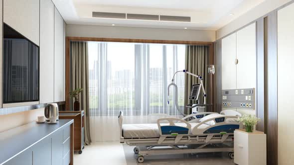 Modern Luxury Hospital Room Interior With Empty Bed, Lcd Television And City View From The Window