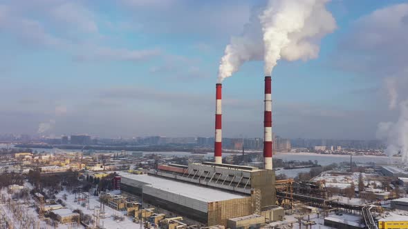 Garbage Incineration Plant. Environmental Pollution Within the City at the Wintertime