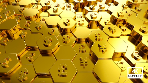 Gold World Currency Symbols With Hexagon Background