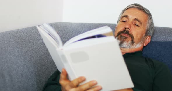 Man reading novel while relaxing on sofa in living room 4k