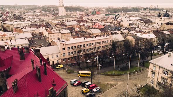 Aerial view of a drone flying over the building