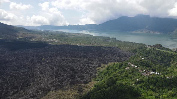 Aerial view of lava field from Mount Batur in Bali