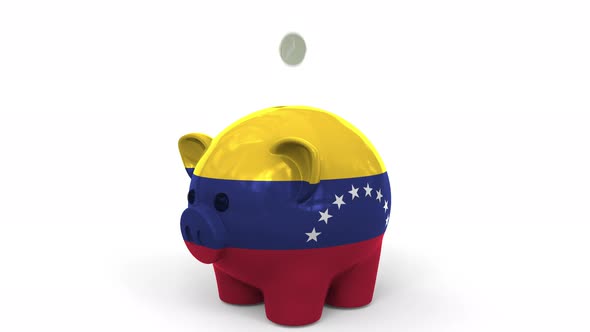 Coins Fall Into Piggy Bank Painted with Flag of Venezuela