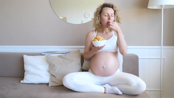 Happy Pregnant Woman Eating French Fries, Pregnancy Cravings, Diet And Health Concept