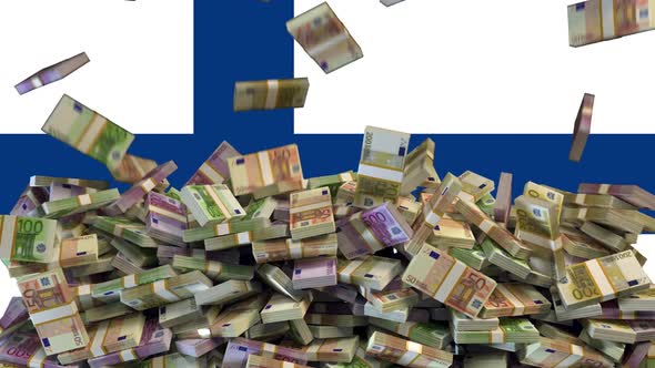 Euro Banknotes falling in front of flag of Finland