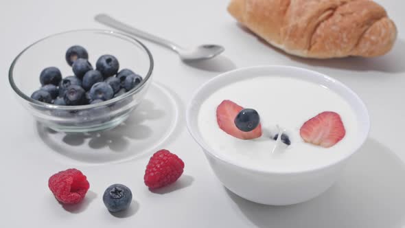 Blueberries falling in thick greek yogurt. Slow motion. Healthy food concept