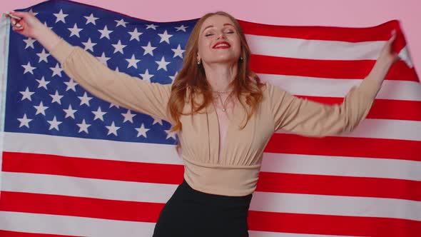 Cheerful Teen Girl Waving and Wrapping in American USA Flag Celebrating Human Rights and Freedoms