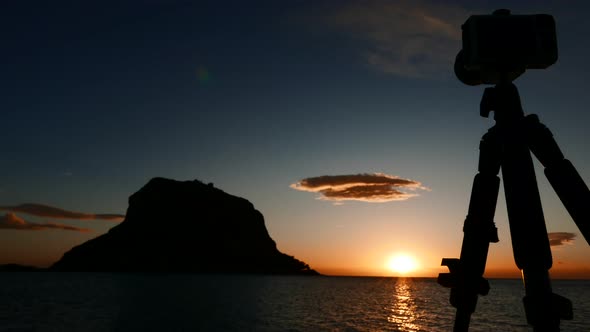 Greece Monemvasia and Camera on Tripod at Sunrise