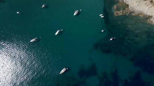 Aerial view of boats along the coast, Seccheto, Elba Island, Tuscany, Italy.