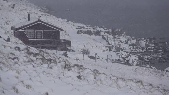 House on the Rocky Shore of the Fjord and Snowfall alt