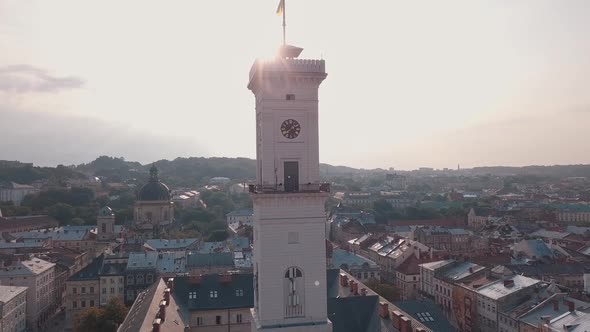 Aerial City Lviv, Ukraine. European City. Popular Areas of the City. Town Hall